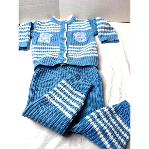 Mac Henry Sweater Outfit Boy Set Blue Stripes Teddy Bears Cardigan Top 12M Vtg - Picture 2 of 10